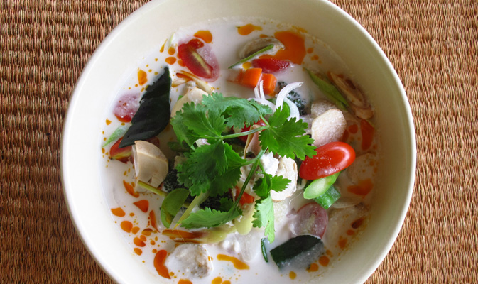 Vegan Tom Kha Pak at organic restaurant Thailand